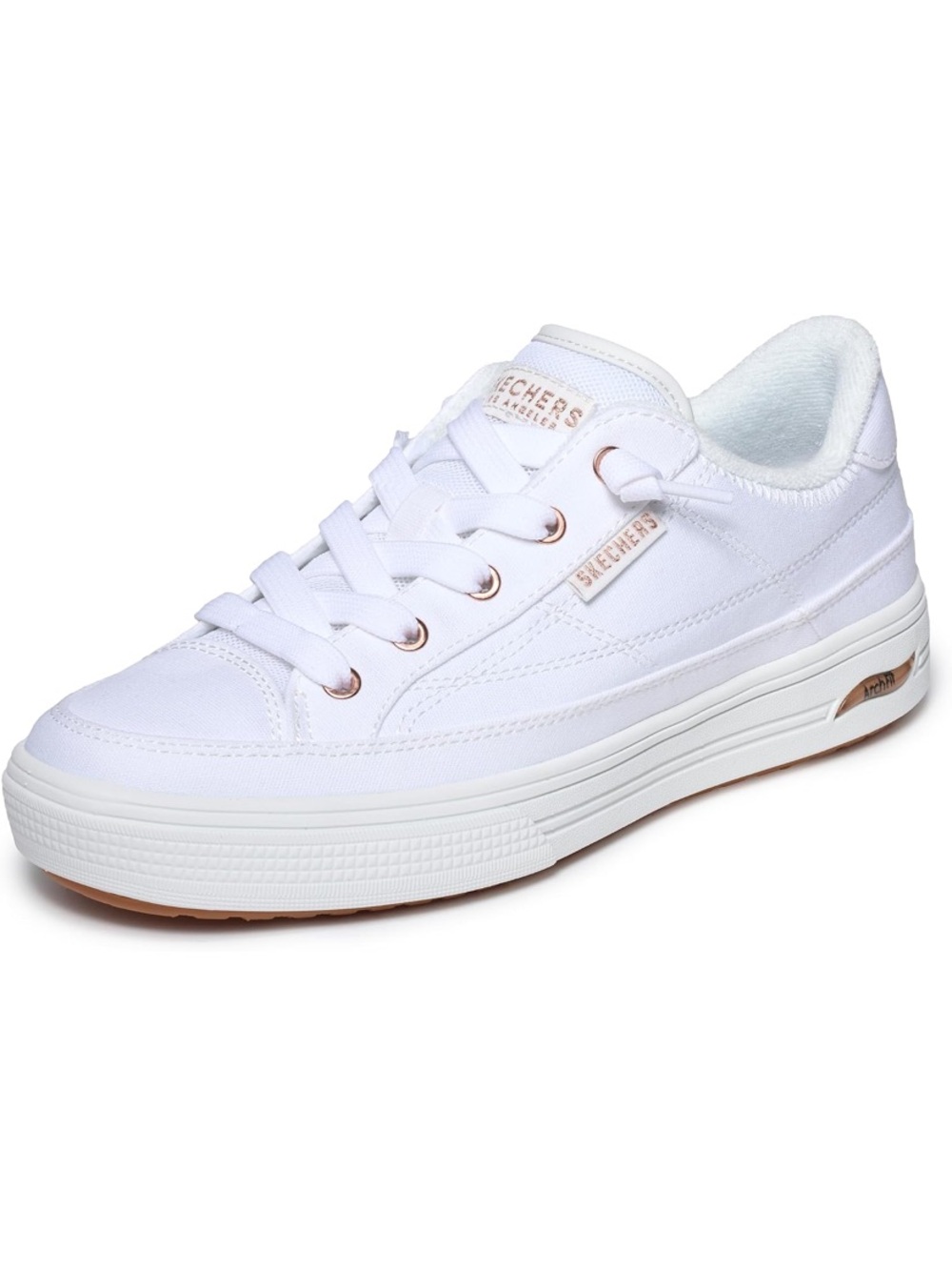 Skechers Women's White Canvas Low-Top Sneaker with Rose Gold Accents